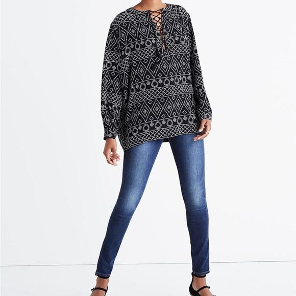 MADEWELL Women's Black Lace-Up Peasant Top in Caravan Print Oversize Size M - Picture 1 of 15